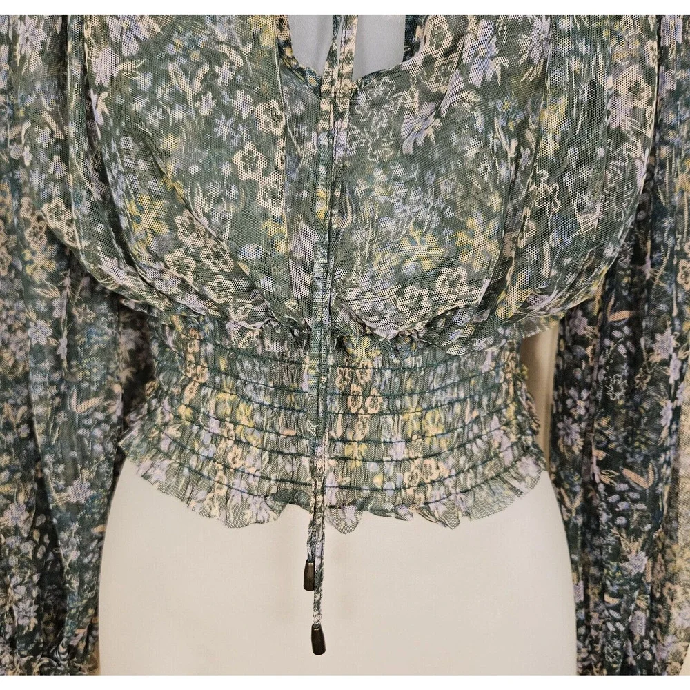 Free People Twyla Floral Sheer Blouse Women XS Ruffled Smocked Green Cottagecore